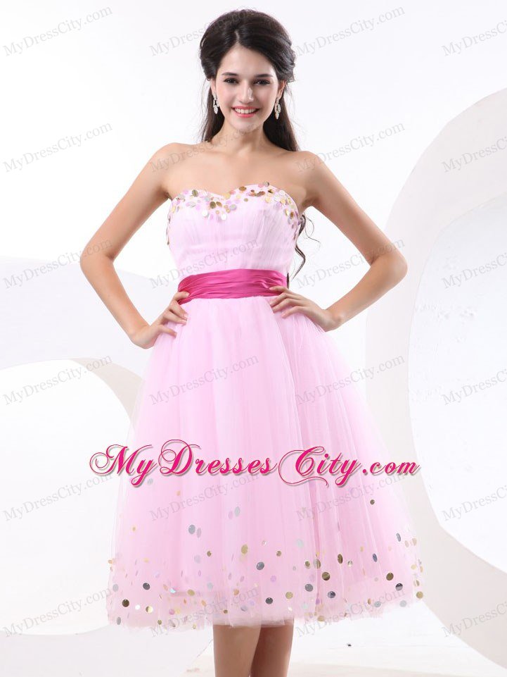 Sequin Colored Sash Baby Pink Short Cocktail Prom Dress