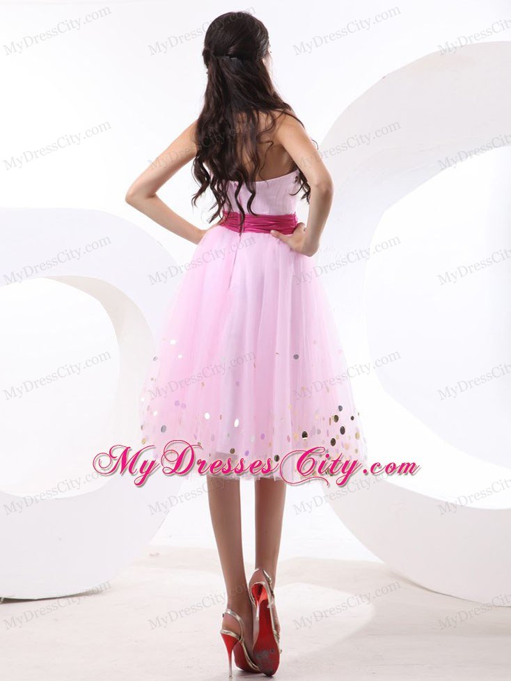 Sequin Colored Sash Baby Pink Short Cocktail Prom Dress