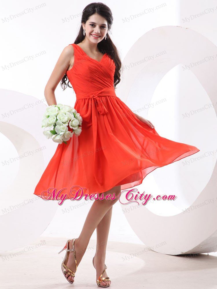 V-neck Ruched Orange Red Chiffon Prom Dress with Knee-length