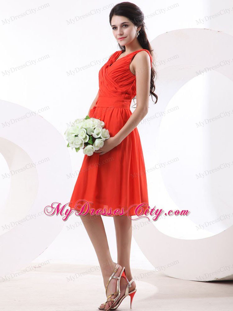 V-neck Ruched Orange Red Chiffon Prom Dress with Knee-length