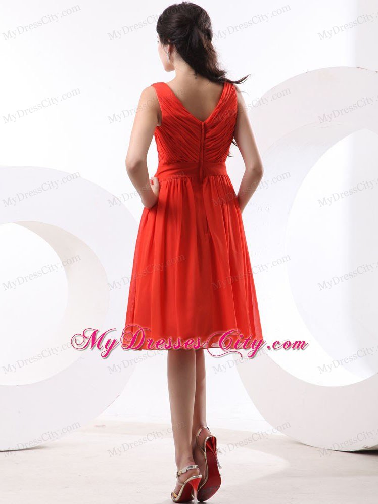 V-neck Ruched Orange Red Chiffon Prom Dress with Knee-length