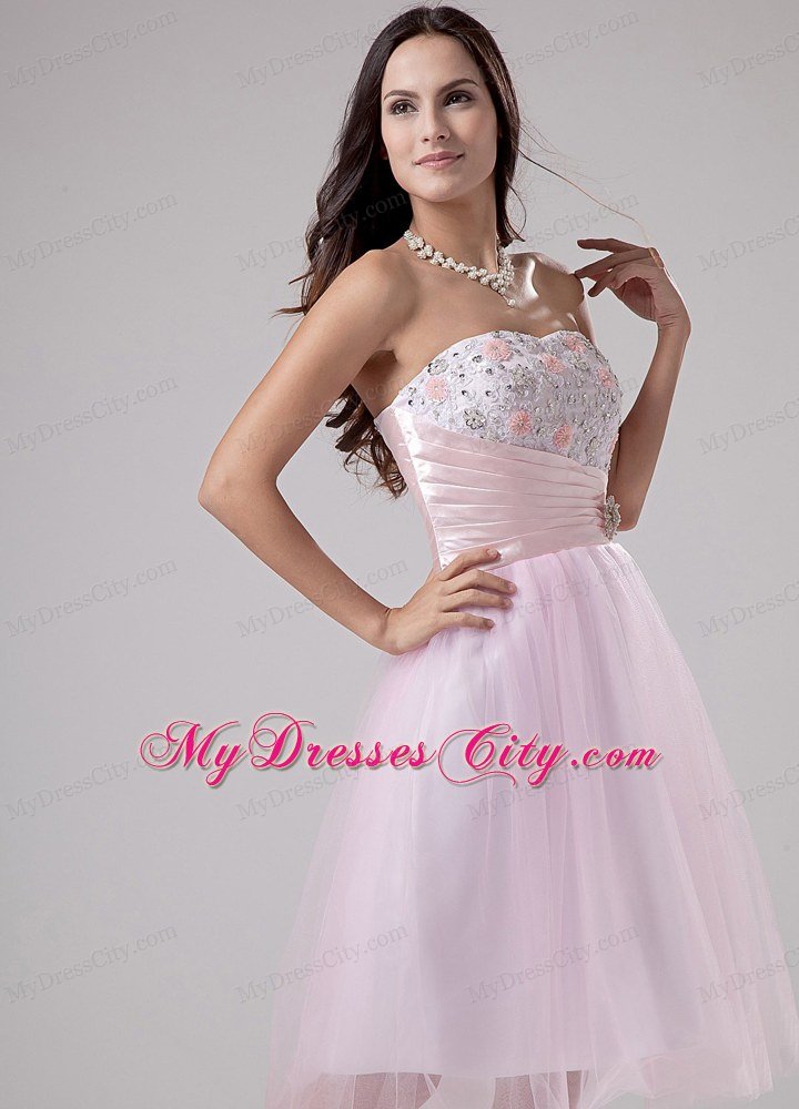 Appliques Ruched Tulle Short Pink Beading Prom Dress 2013