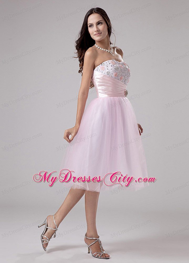 Appliques Ruched Tulle Short Pink Beading Prom Dress 2013