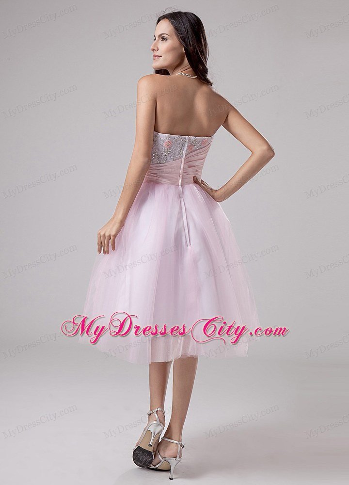 Appliques Ruched Tulle Short Pink Beading Prom Dress 2013