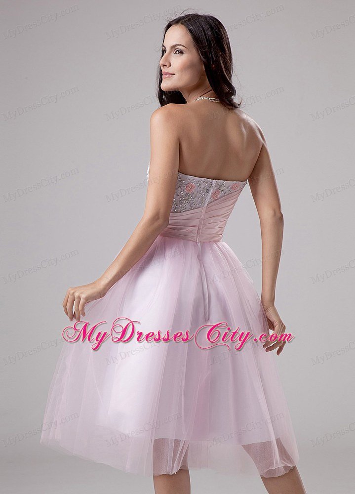 Appliques Ruched Tulle Short Pink Beading Prom Dress 2013