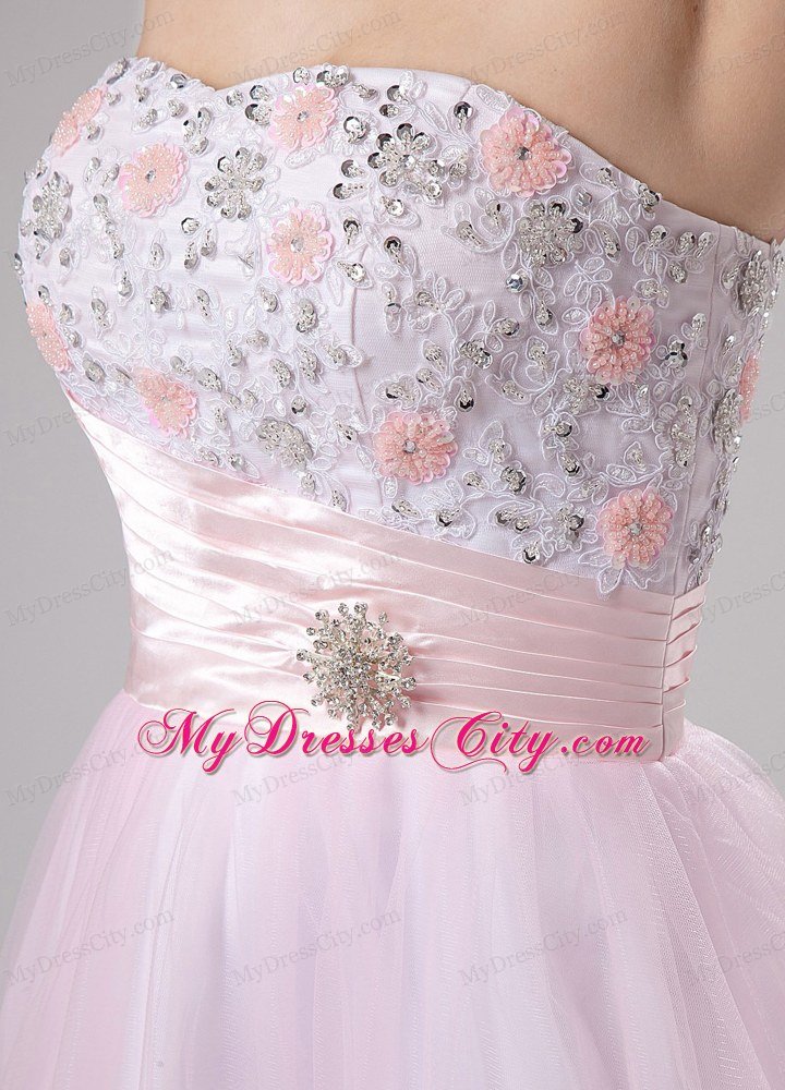 Appliques Ruched Tulle Short Pink Beading Prom Dress 2013