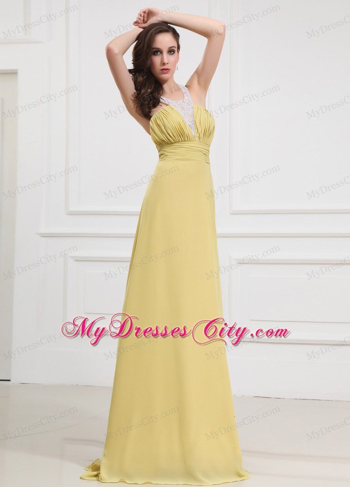 Halter Yellow Chiffon Prom Dresses with Criss Cross Back