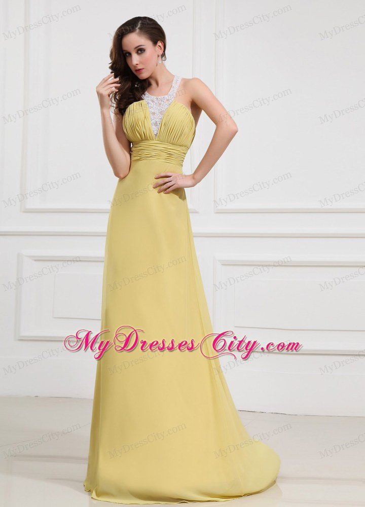 Halter Yellow Chiffon Prom Dresses with Criss Cross Back