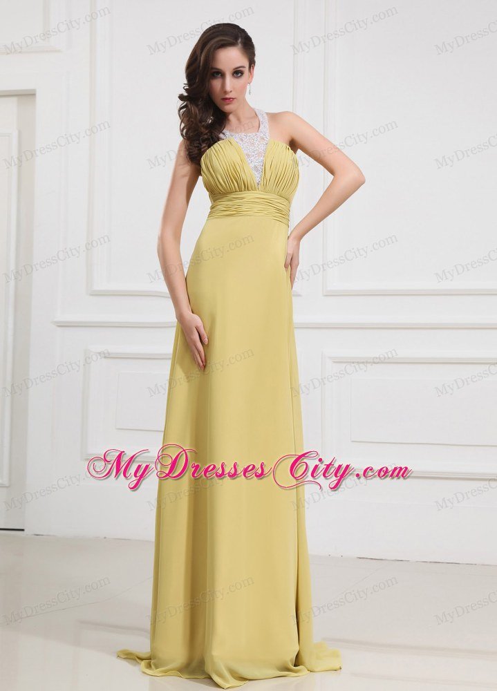 Halter Yellow Chiffon Prom Dresses with Criss Cross Back