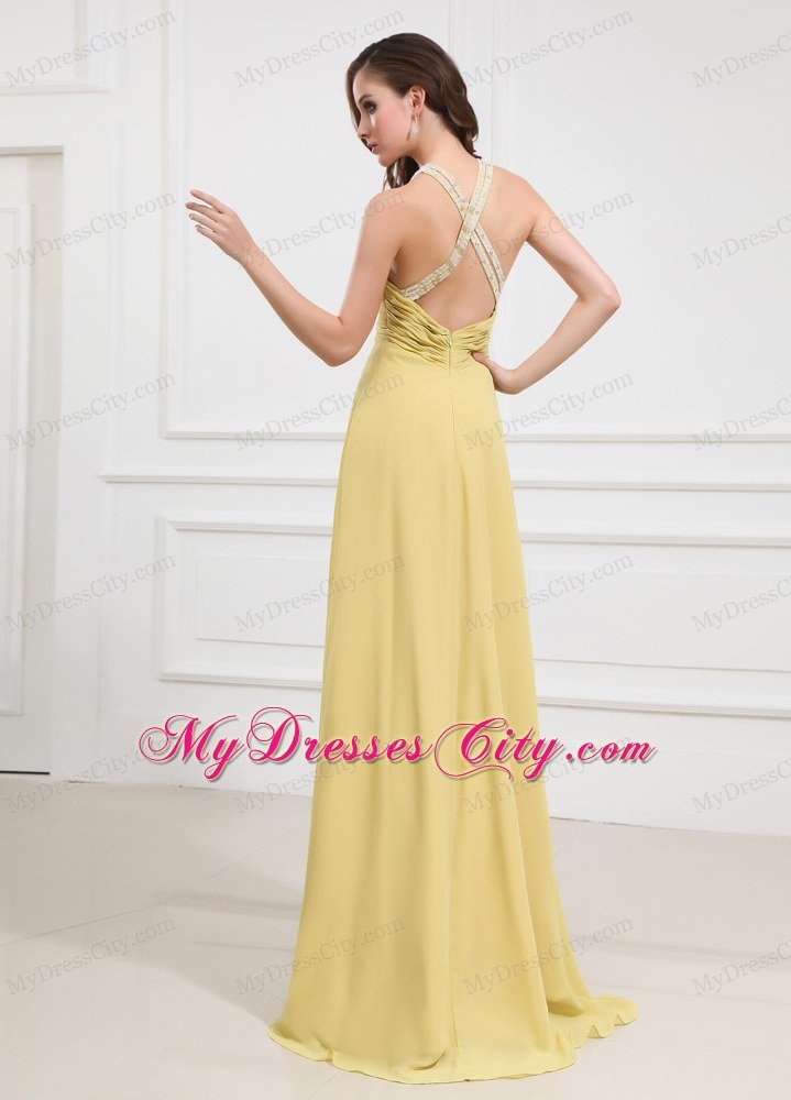 Halter Yellow Chiffon Prom Dresses with Criss Cross Back