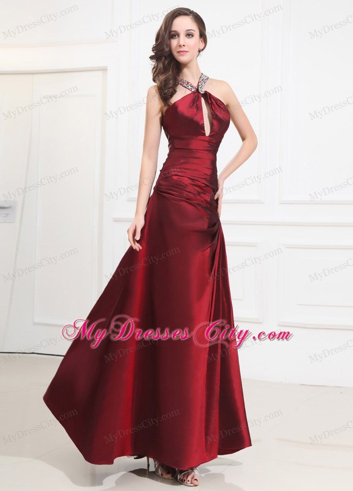 Wine Red Keyhole Halter Taffeta Beading Prom Gown Dresses