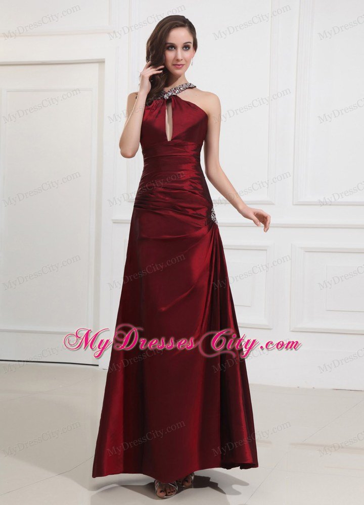 Wine Red Keyhole Halter Taffeta Beading Prom Gown Dresses