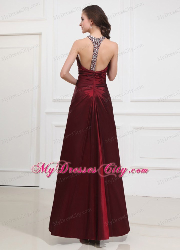 Wine Red Keyhole Halter Taffeta Beading Prom Gown Dresses