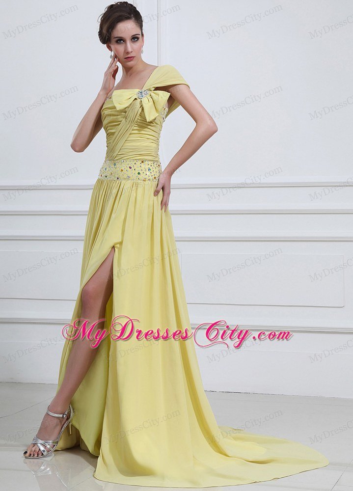 One Shoulder Bow High Slit Yellow Green Prom Dress Beaded