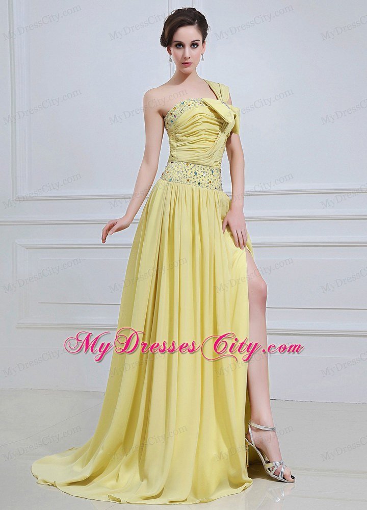 One Shoulder Bow High Slit Yellow Green Prom Dress Beaded