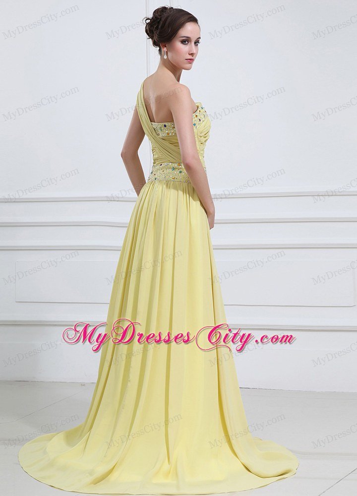 One Shoulder Bow High Slit Yellow Green Prom Dress Beaded