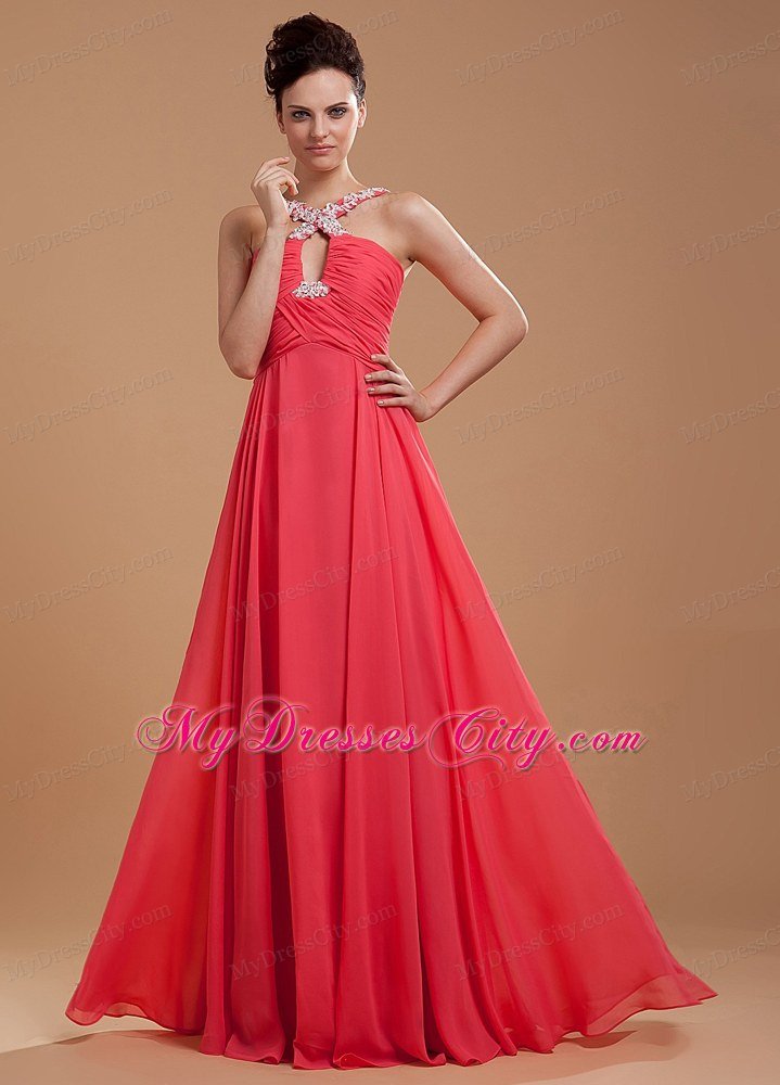 Coral Red V-neck Beaded Appliques Prom Dress with Keyhole