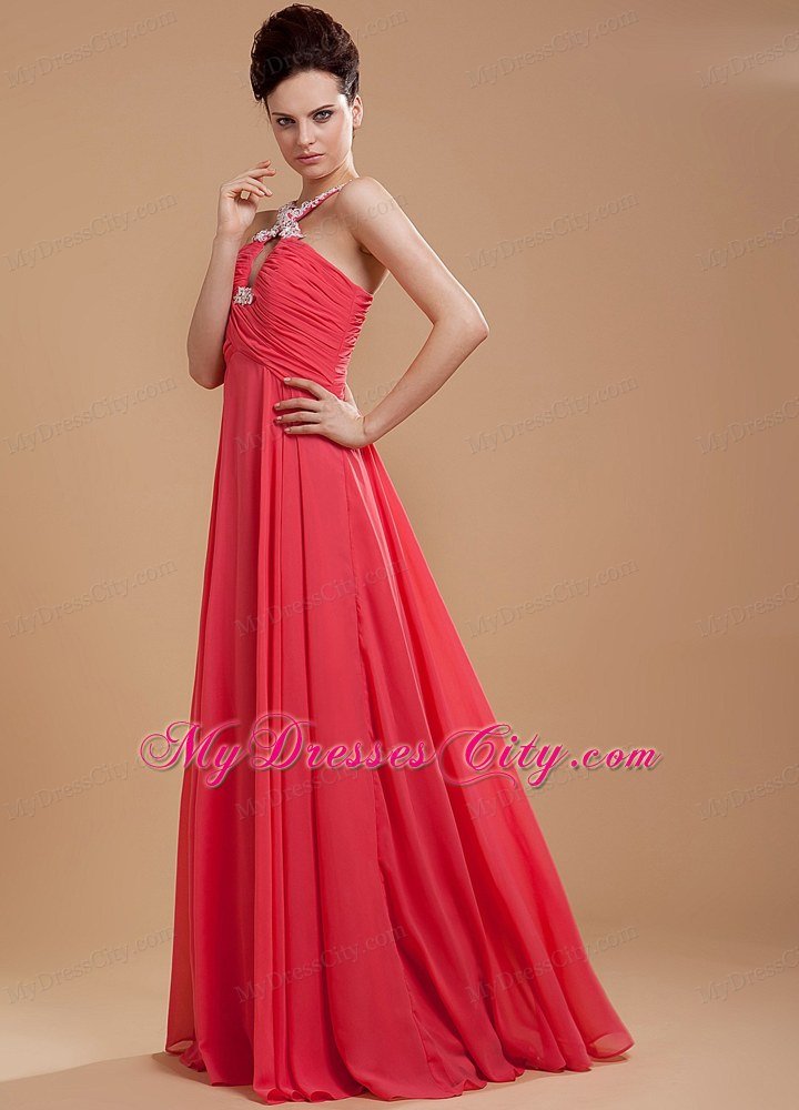 Coral Red V-neck Beaded Appliques Prom Dress with Keyhole