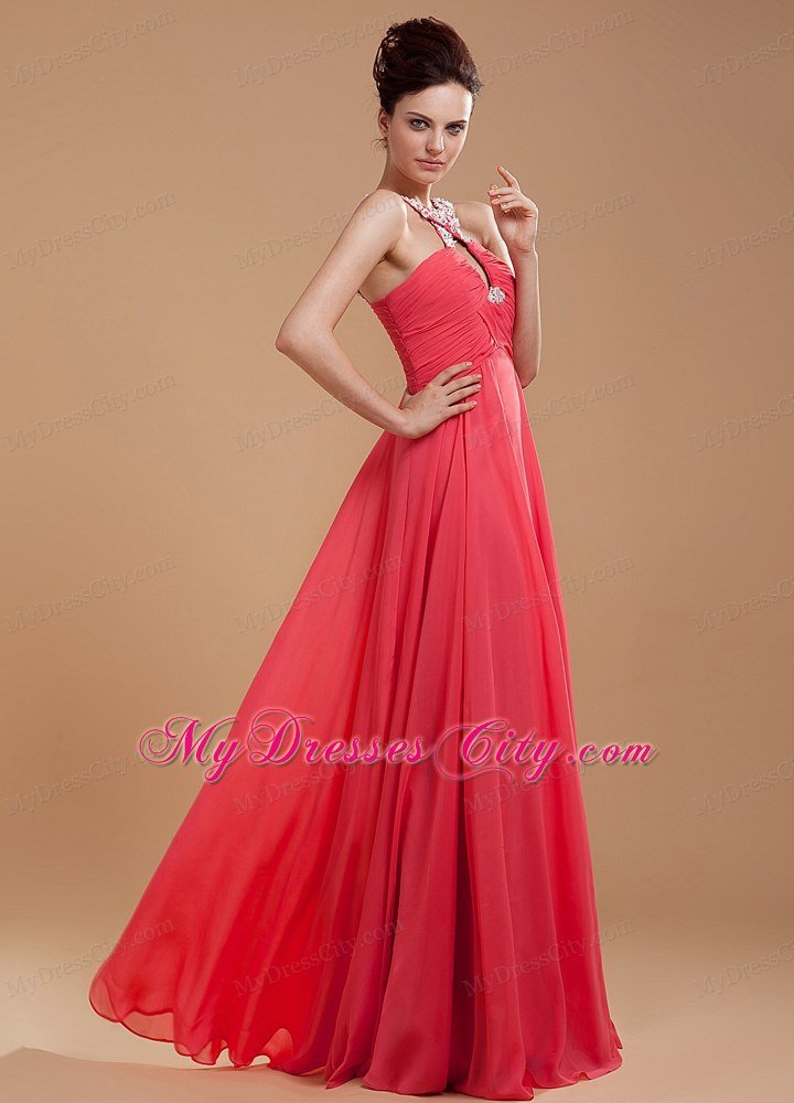 Coral Red V-neck Beaded Appliques Prom Dress with Keyhole