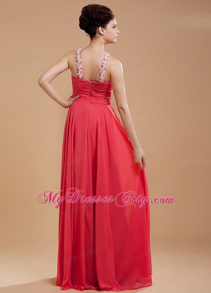 Coral Red V-neck Beaded Appliques Prom Dress with Keyhole