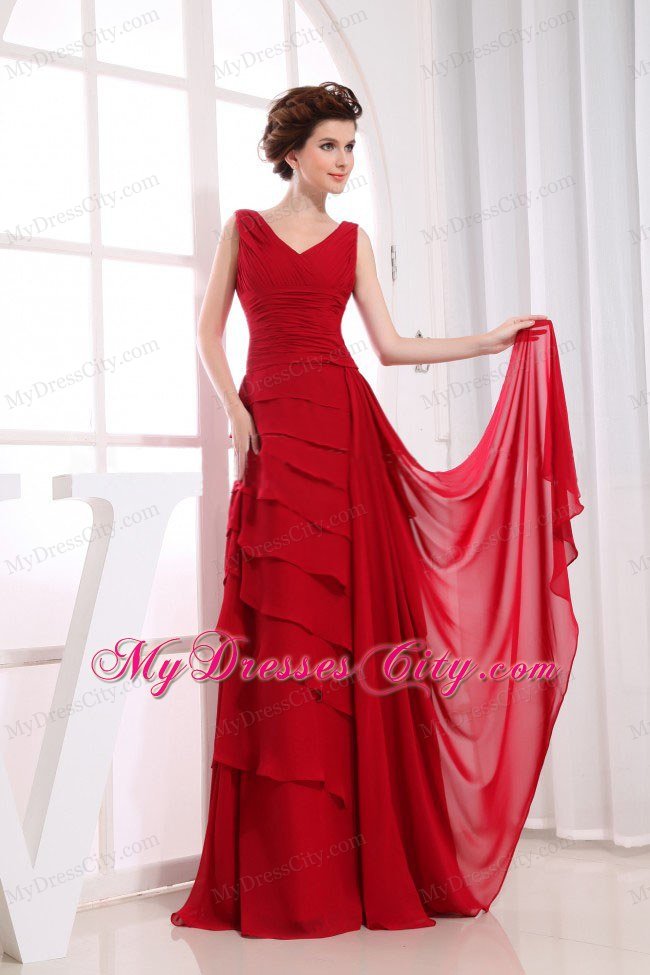 Ruffled Layers Wine Red V-neck 2013 Chiffon Prom Dresses