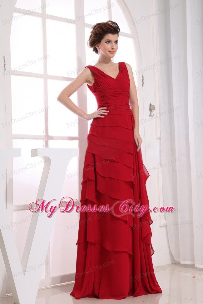 Ruffled Layers Wine Red V-neck 2013 Chiffon Prom Dresses