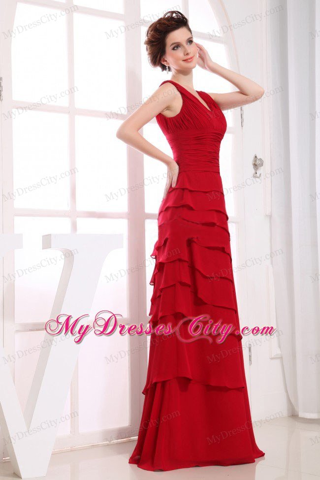 Ruffled Layers Wine Red V-neck 2013 Chiffon Prom Dresses