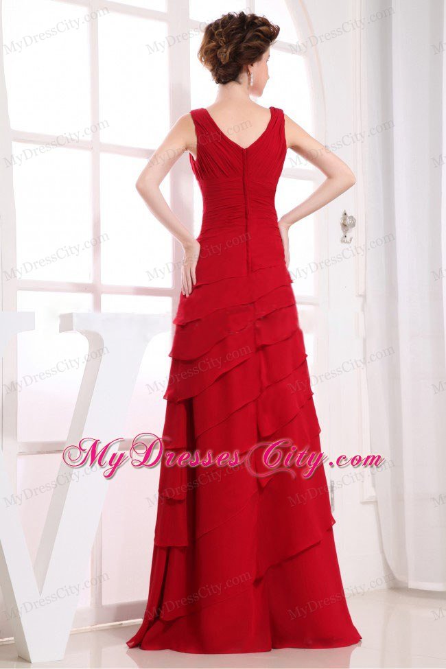 Ruffled Layers Wine Red V-neck 2013 Chiffon Prom Dresses