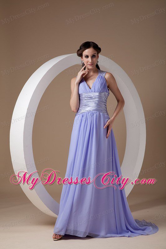 Lilac Ruched V-neck Prom Evening Dress Chiffon Brush Train