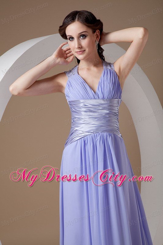 Lilac Ruched V-neck Prom Evening Dress Chiffon Brush Train