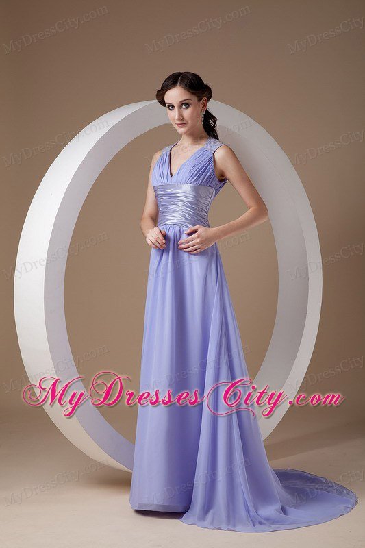 Lilac Ruched V-neck Prom Evening Dress Chiffon Brush Train