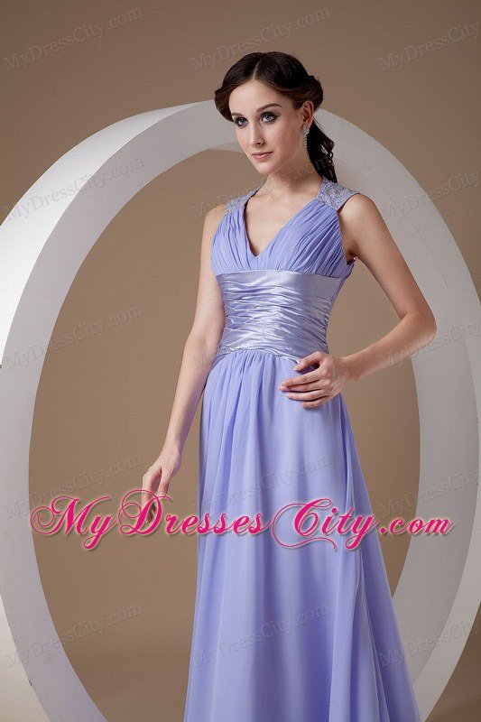 Lilac Ruched V-neck Prom Evening Dress Chiffon Brush Train