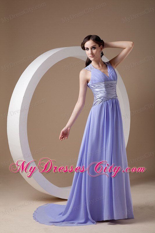 Lilac Ruched V-neck Prom Evening Dress Chiffon Brush Train