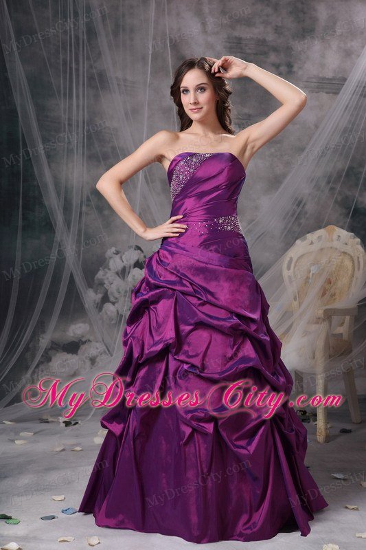 Purple Beaded Pick-ups Strapless Prom Dress with Corset Back