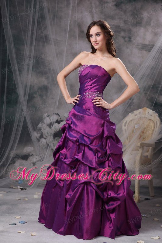 Purple Beaded Pick-ups Strapless Prom Dress with Corset Back