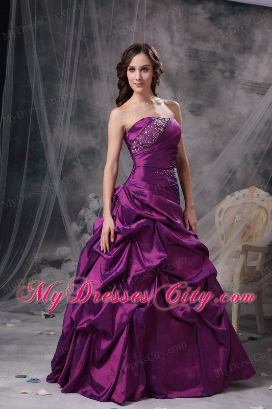 Purple Beaded Pick-ups Strapless Prom Dress with Corset Back