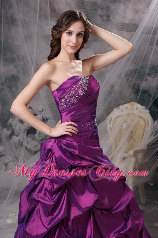 Purple Beaded Pick-ups Strapless Prom Dress with Corset Back