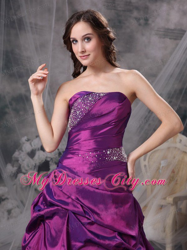 Purple Beaded Pick-ups Strapless Prom Dress with Corset Back