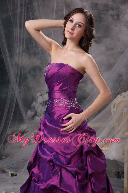 Purple Beaded Pick-ups Strapless Prom Dress with Corset Back