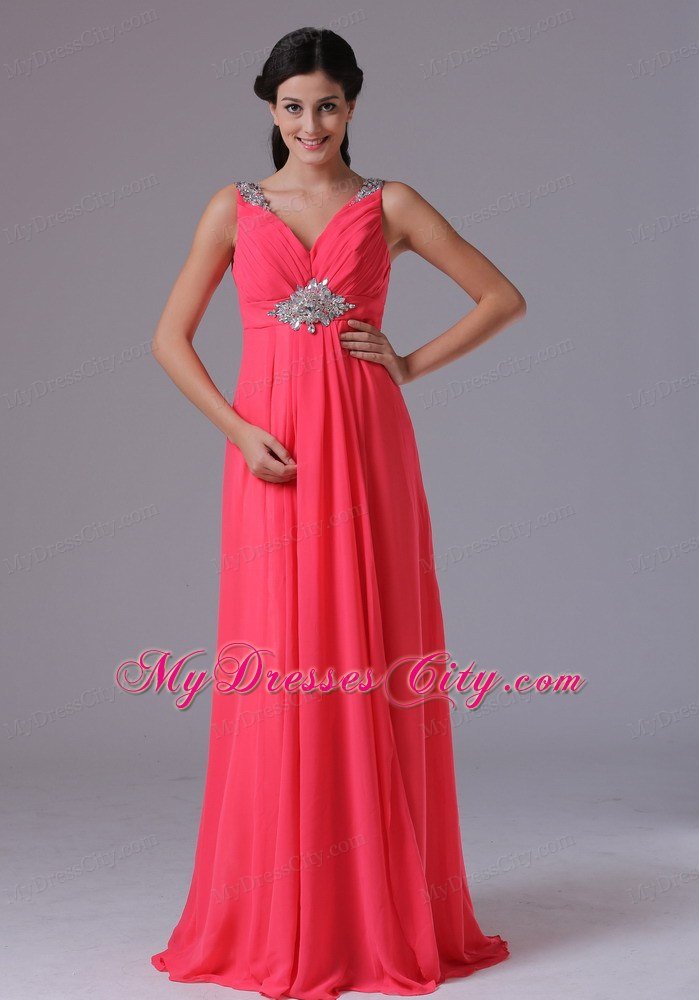 2013 Chiffon V-neck Coral Red Beading Ruched Evening Prom Dress