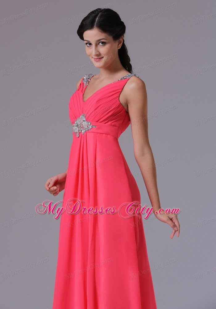 2013 Chiffon V-neck Coral Red Beading Ruched Evening Prom Dress