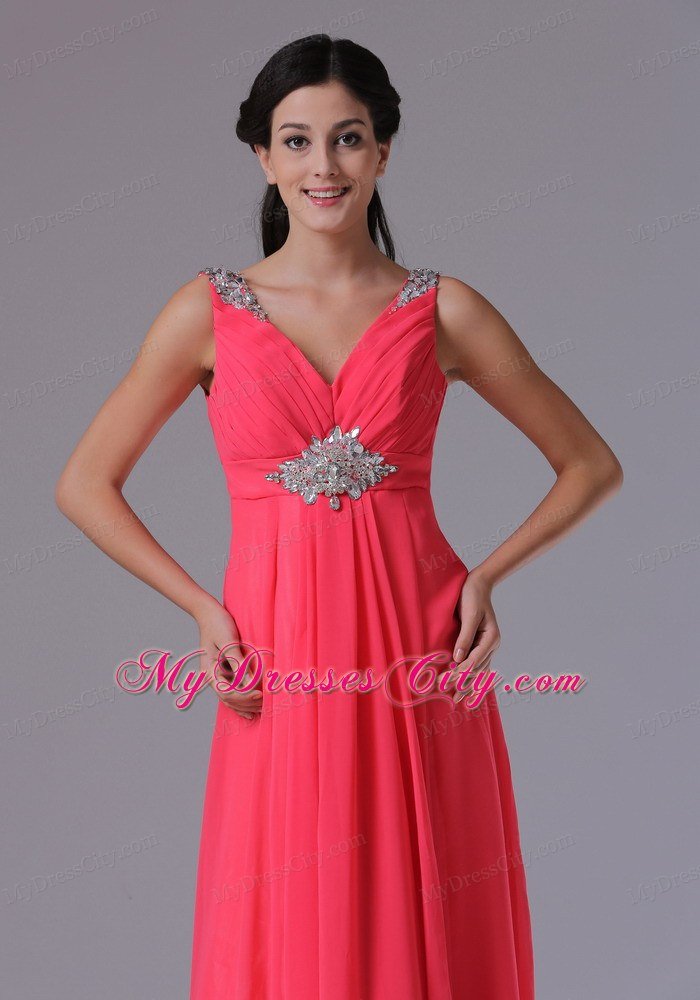 2013 Chiffon V-neck Coral Red Beading Ruched Evening Prom Dress