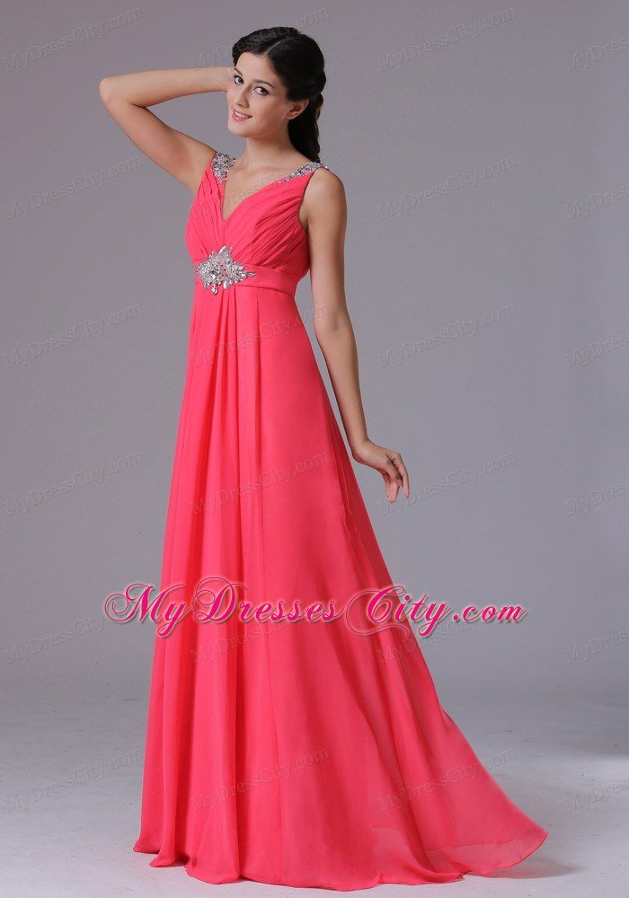 2013 Chiffon V-neck Coral Red Beading Ruched Evening Prom Dress