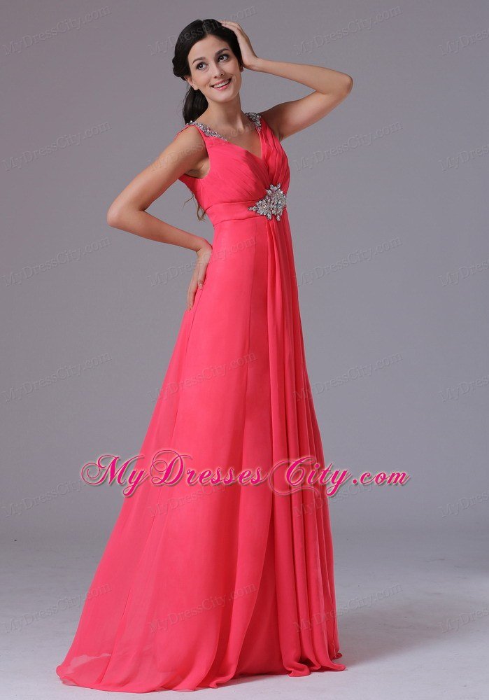 2013 Chiffon V-neck Coral Red Beading Ruched Evening Prom Dress