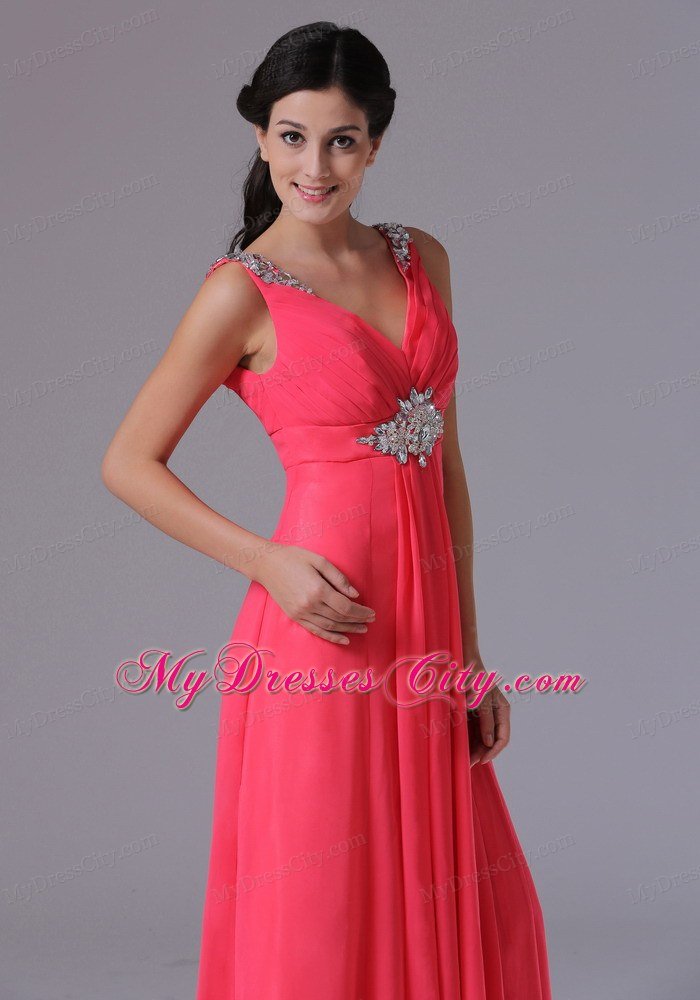 2013 Chiffon V-neck Coral Red Beading Ruched Evening Prom Dress