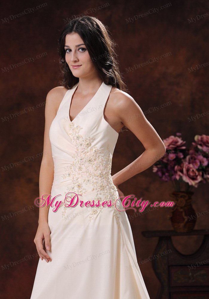 Halter Champagne Appliques Prom Celebrity Dress with Brush Train