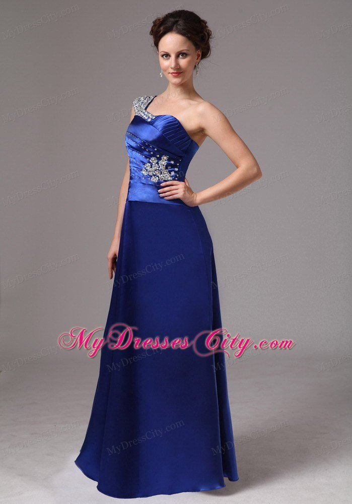 Ruched Royal Blue One Shoulder Beading Evening Prom Dresses