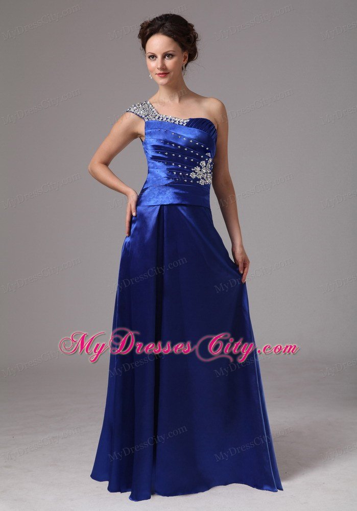 Ruched Royal Blue One Shoulder Beading Evening Prom Dresses