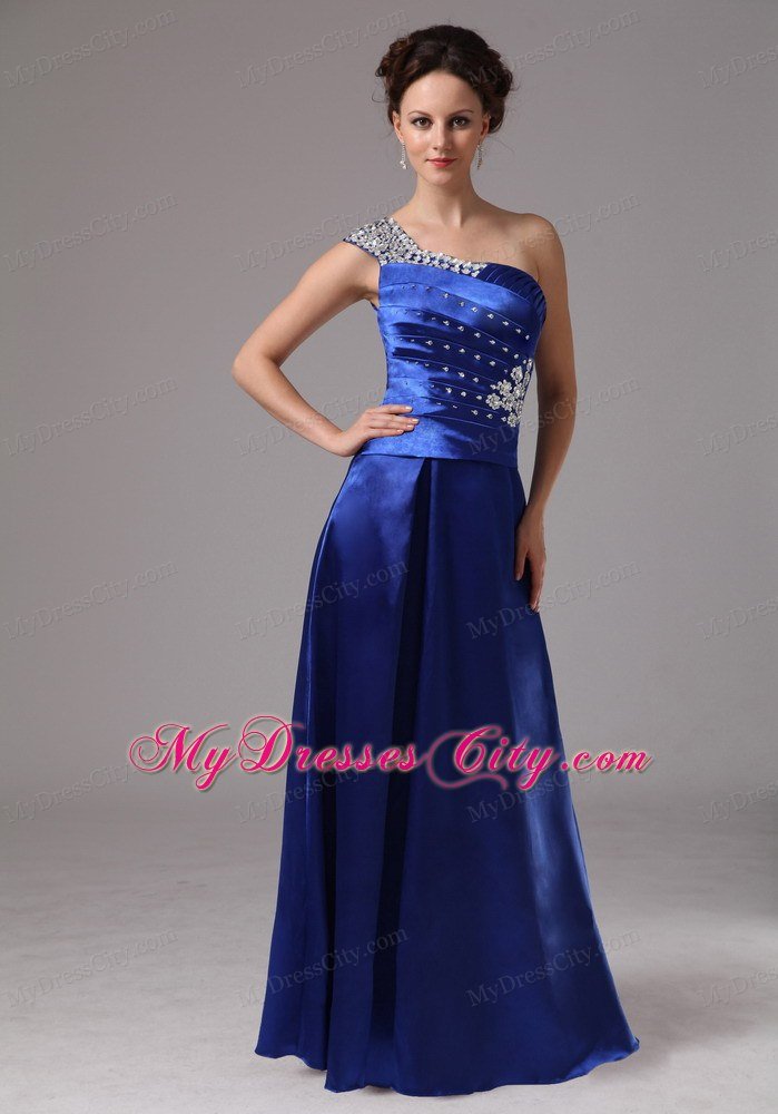 Ruched Royal Blue One Shoulder Beading Evening Prom Dresses