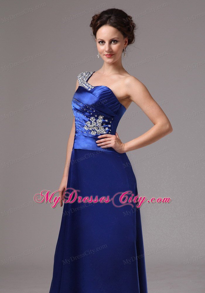 Ruched Royal Blue One Shoulder Beading Evening Prom Dresses